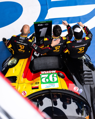 Moving on up ☝️  The #92 The Bend @manthey_racing crew celebrated a hard-earned win in Barcelona, cl