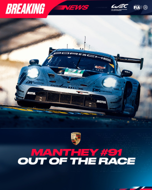 The #91 @manthey_racing Porsche retires following heavy damage in its crash at Mulsanne.   #WEC #LeM