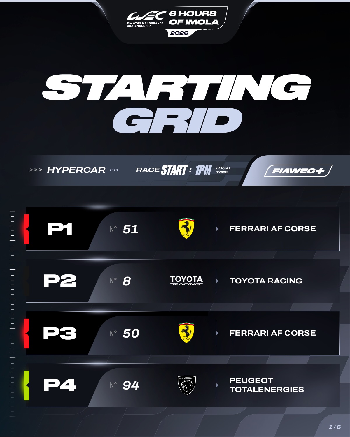 Your starting grid for the 6 Hours of Imola 🇮🇹 There’s only one thing left to do, and that’s to go r