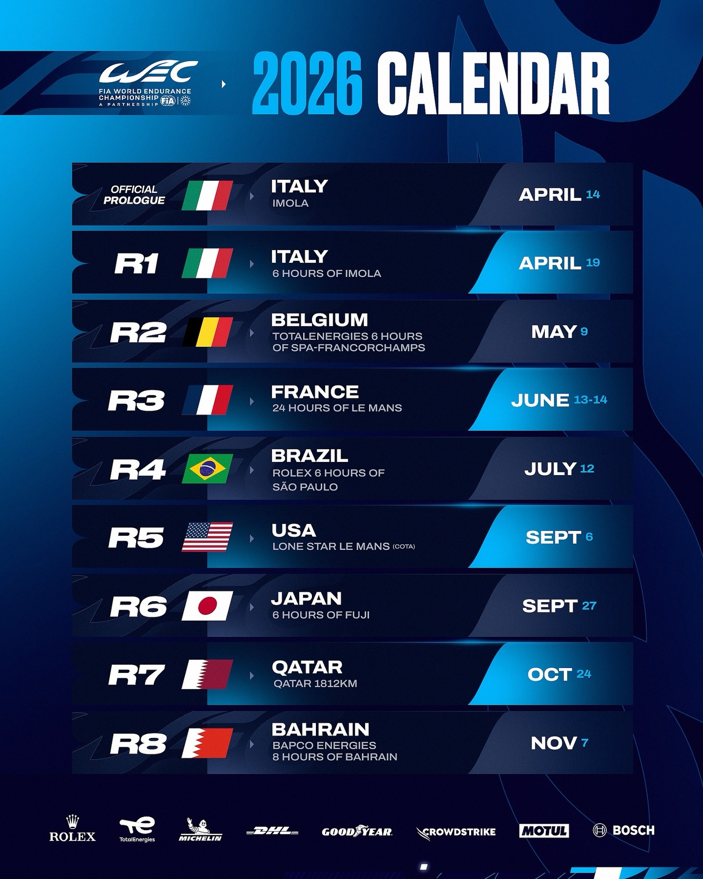 Revised 2026 season calendar 🗓️ The pre-season Prologue will now take place on 14th April in Imola, 