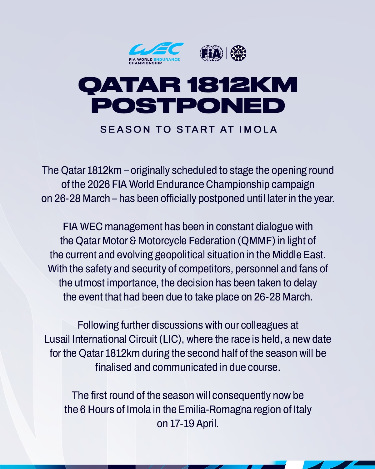 Statement from the FIA WEC on the Qatar 1812km. #WEC