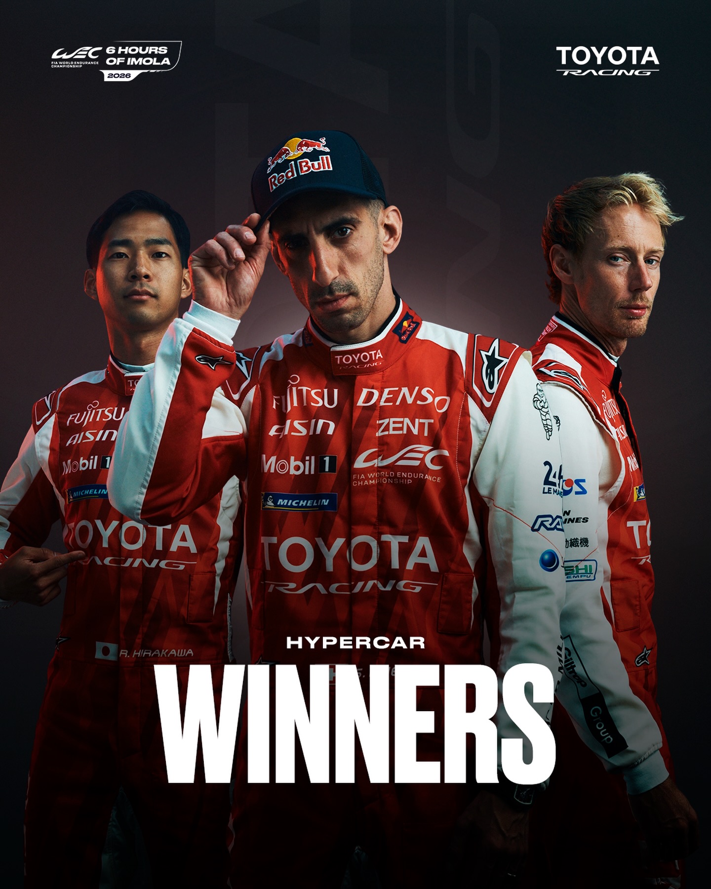 Your Hypercar winning drivers for @toyotaracing.wec 👏 Take a bow @sebastien_buemi, @brendon_hartley,